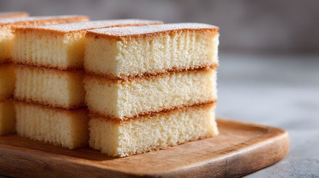 Stack of soft sponge cake slices on wooden board.