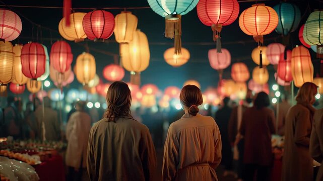Night market bustles under colorful lanterns. People stroll, browsing stalls, faces turned toward glowing lights. Warm tones highlight festive, cultural atmosphere. Ideal for travel, celebration