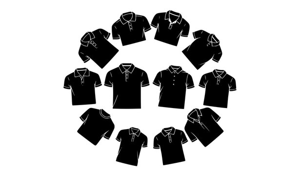 Black polo shirt vector collection in circular layout with apparel mockup designs isolated on white background
