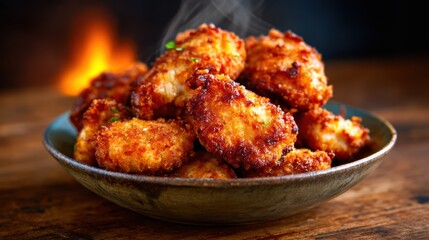Fototapeta premium A tempting plate of golden-brown crispy chicken nuggets, arranged beautifully on a rustic wooden table, enticing appetites and evoking feelings of comfort food indulgence.