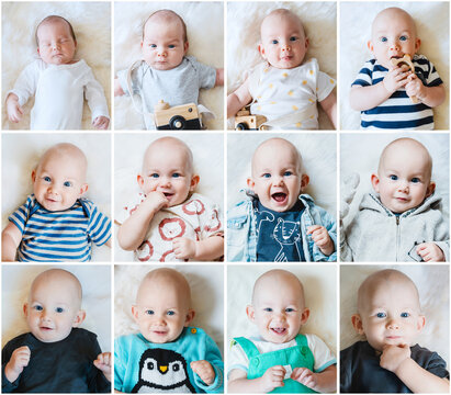 Baby First Year. Photo collage of baby boy, 1-12 months. Infant lying on a white blanket in different outfits. Watch me grow concept. Baby portrait collage from 1 to 12 months.