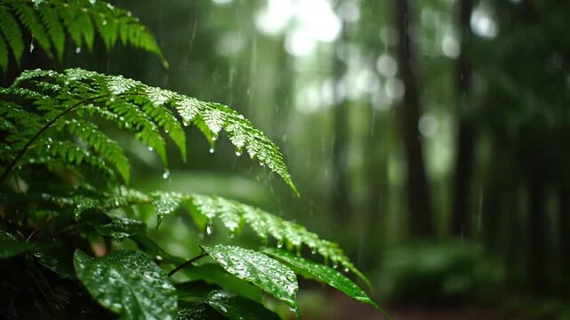 Raindrops on green fern leaves in forest.