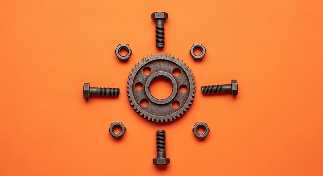 Arrangement of metal hardware screws nuts and gears on orange background