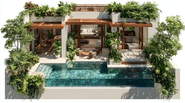 Top view villa plan with pool and terrace, luxury summer concept