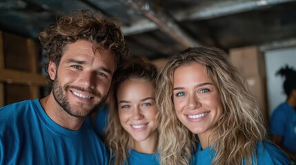 Fototapeta premium Three friends pose joyfully in matching blue T-shirts, capturing the essence of friendship, unity, and community engagement in a vibrant and warm atmosphere.