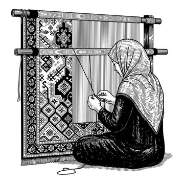 Elderly woman weaving traditional textile on wooden loom in vintage craft studio