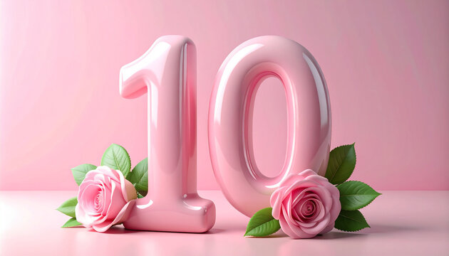 Decorative pink number 10 adorned with pastel floral elements and green foliage, perfect for children birthday or anniversary greeting card