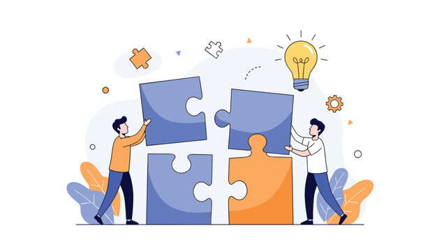 Business partners collaborating to solve a complex problem by fitting large puzzle pieces together under a glowing idea light bulb.