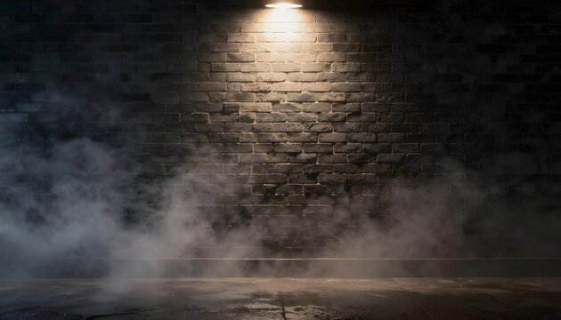 Dark brick wall illuminated by a single spotlight with wisps of smoke rising from the ground