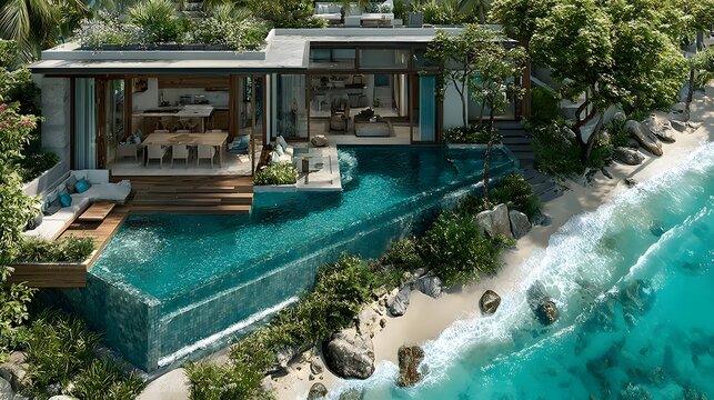 Beach villa floor plan with infinity edge pool and sun lounge