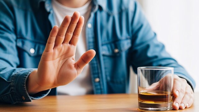Person refusing to drink alcohol with hand raised in a stop gesture while holding a glass of whiskey or liquor in a modern setting emphasizing sobriety and self-control