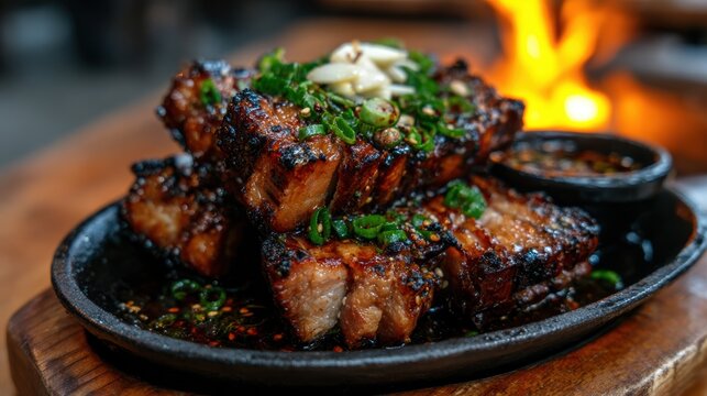A tantalizing image of grilled pork belly sizzling on a hot plate, perfect for showcasing culinary delights and the joy of indulgence in a flavorful dining experience.