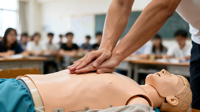 CPR Training Demonstration: A person demonstrates the life-saving technique of CPR on a training dummy in a classroom setting, showcasing essential first aid and medical skills.