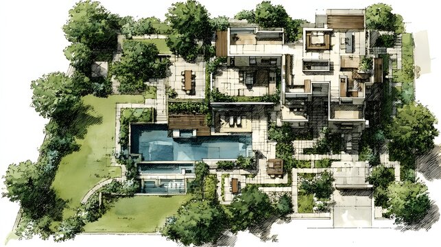 Designer villa plan with landscape integration, top view masterplan