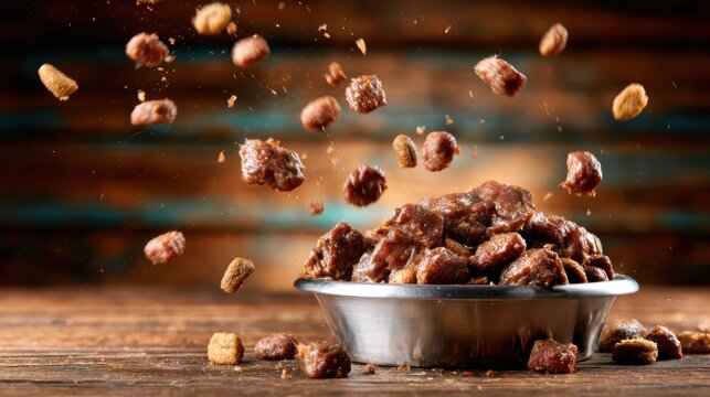 A silver bowl overflows with crunchy pet food, creating a playful and tempting visual that emphasizes the joys of pet ownership and the importance of maintaining good health.