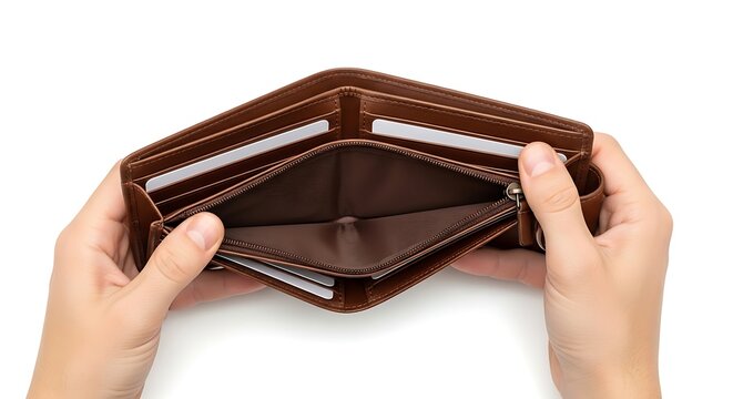 A person holding an empty brown leather wallet with both hands on a white background