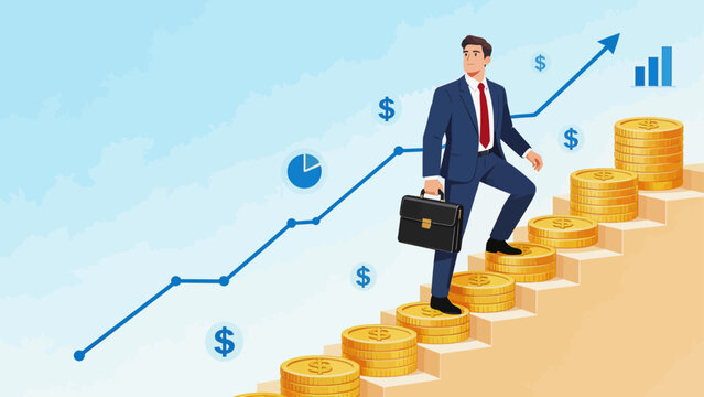 Businessman climbing stairs with coins