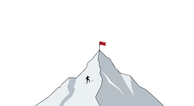 A minimalist vector illustration of a small silhouette climbing towards a red flag planted on top of a high, snowy mountain peak.