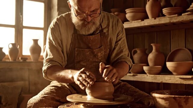 Potter shaping clay on a pottery wheel. (1)