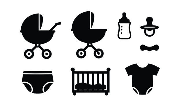 Baby Care and Parenting Essentials Silhouette Set Featuring stroller, bottle, pacifier, diaper, toy, crib, baby clothes