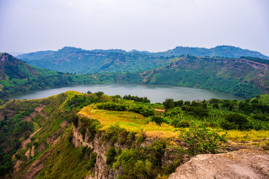 Crater lake and green hills near Katwe in Queen Elizabeth National Park