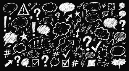 Naklejka premium Chalkboard doodle collection speech bubbles symbols and hand drawn elements for communication and creative expression