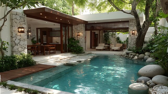 Designer house layout with pool courtyard, premium summer concept
