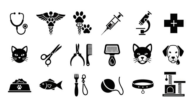 Veterinary and pet care icons healthcare instruments and animal symbols