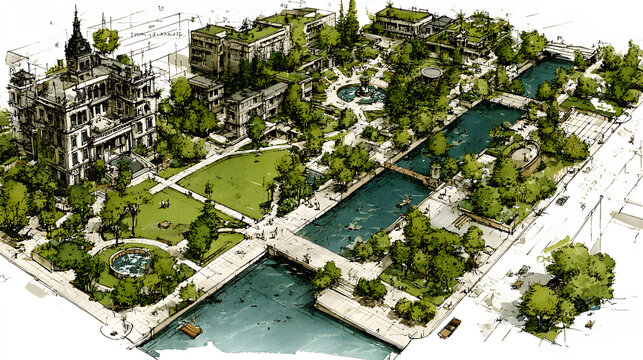 Architectural masterplan with pathways and landscape design