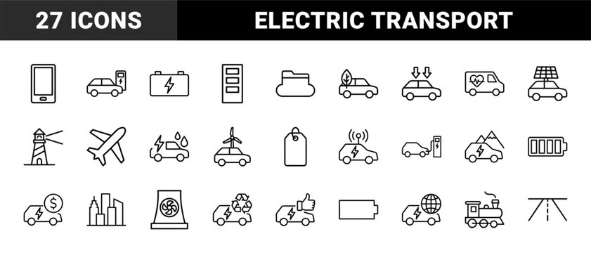 Electric vehicle charging and green energy minimalist outline icon set