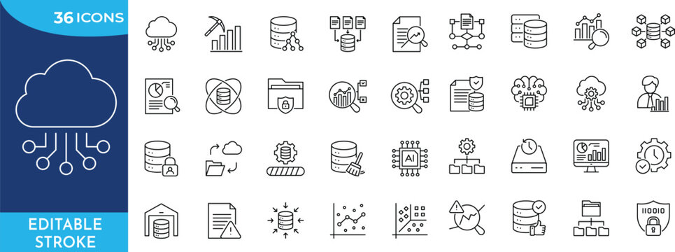 Data Driven 36 icon set. Containing algorithm, big data, analysis, analytics, data mining, machine learning, ai, visualization, database, predictive, and more. Editable stroke.