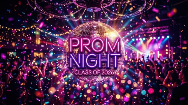 Disco ball illuminates a vibrant prom night with confetti and dancing students