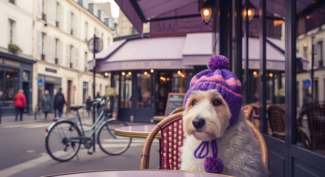 Adorable dog enjoying breakfast at cozy European street cafe