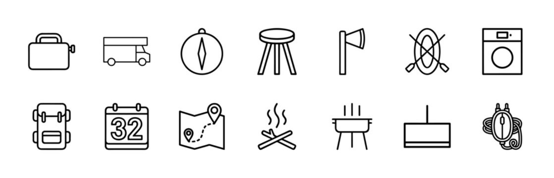 Minimalist camping and outdoor adventure thin line icon set