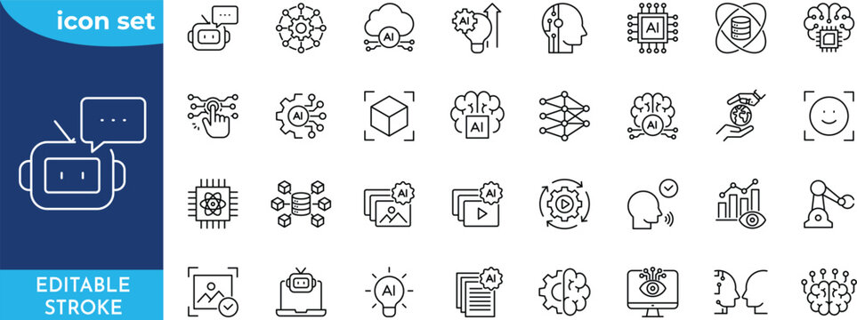 Artificial intelligence 36 icon set. Contain icons related to AI, machine learning, virtual assistant, generative AI, robotics, data science, technology, and more. Editable stroke.