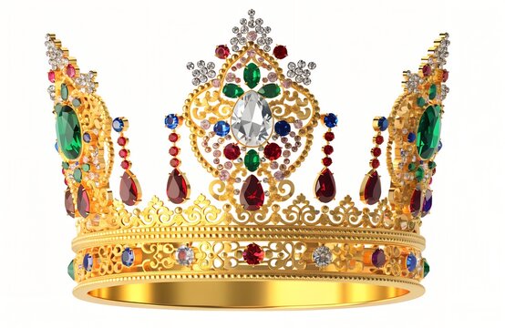 Traditional golden deity crown adorned with colorful jewels isolated on white background