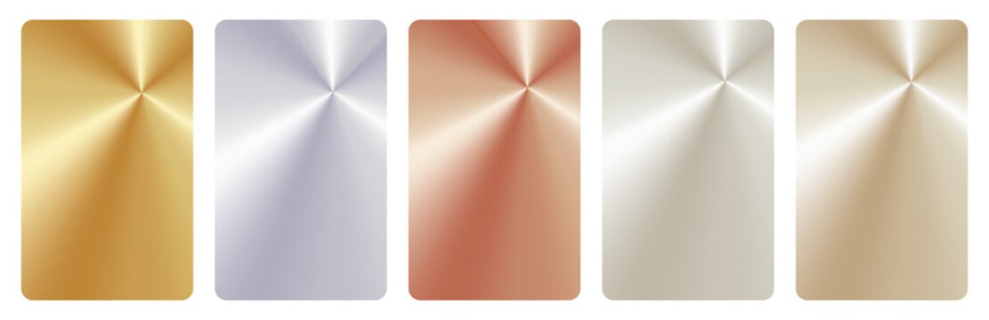 A collection of metallic radial gradients featuring glossy polished steel, gold,silver,mother-of-pearl and copper in circular textures.A card template with shiny vector backgrounds for modern branding