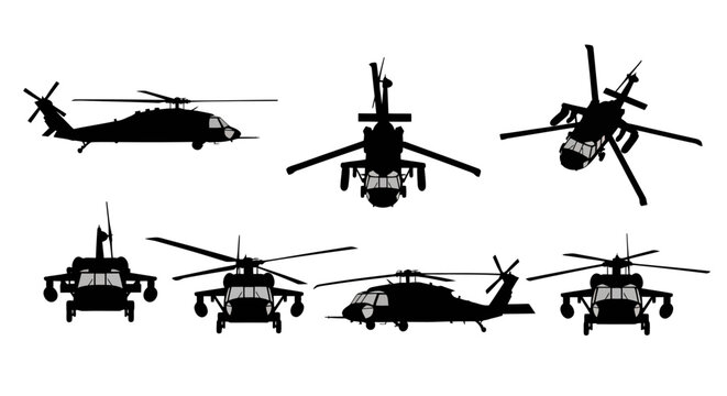 UH-60 Black Hawk Military Helicopter Silhouette Vector Collection, Top Side Front Views