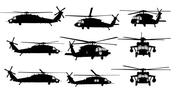 UH-60 Black Hawk Military Utility Helicopter Silhouette Vector Set, Transport Aircraft
