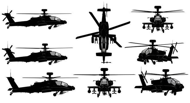 AH-64 Apache Military Gunship Helicopter Silhouette Vector Collection, Combat Aircraft Set