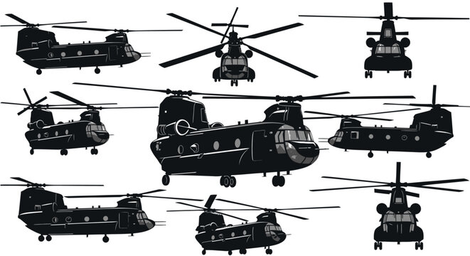 CH-47 Chinook Tandem Rotor Military Cargo Helicopter Silhouette Vector Icons Set