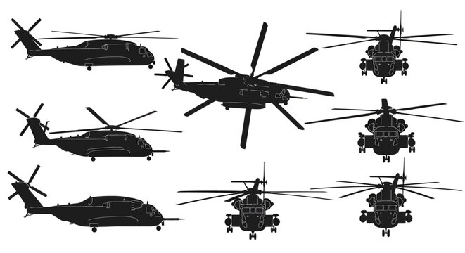 Sikorsky CH-53 Super Stallion Heavy Lift Military Helicopter Silhouette Vector Set, All Angles
