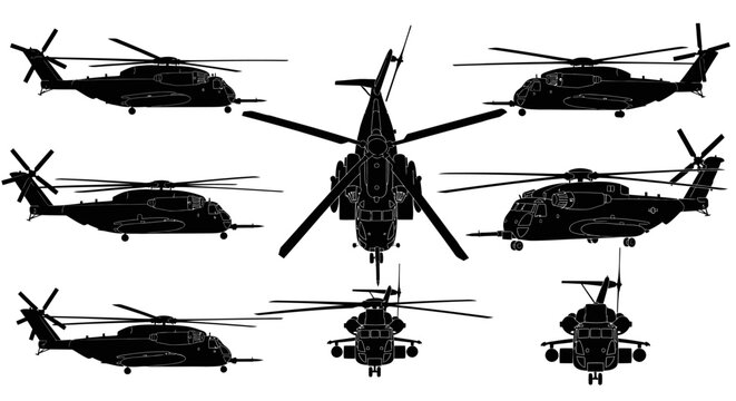 CH-53 Heavy Transport Military Helicopter Silhouette Vector Collection, Aviation Graphics Set