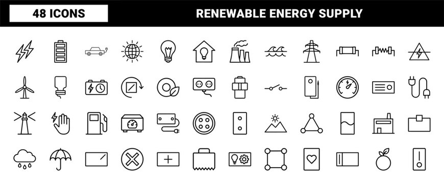 Minimalist electricity and energy line icons for industrial and green power projects
