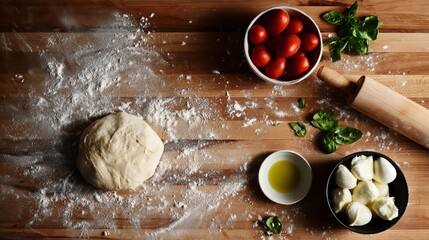 Fototapeta premium Freshly prepared dough with tomato, basil, oil, and mozzarella on wood