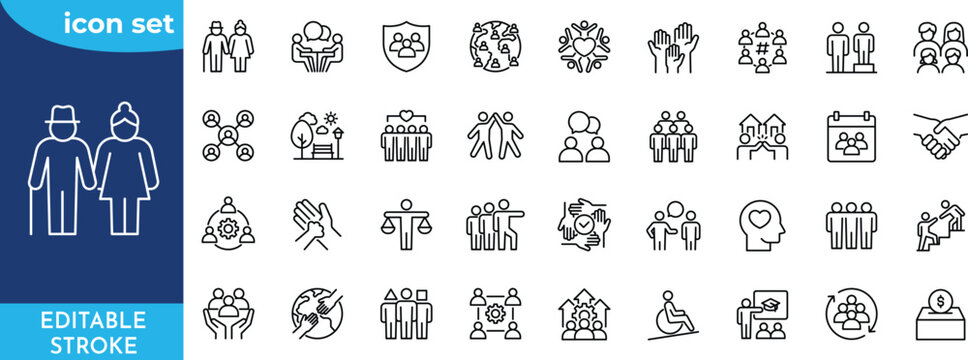 Minimalist Modern community outine icons set. editable stroke. Containing people, friendship, social, inclusion, inclusion, and more.