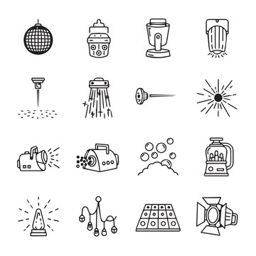 Party Lighting Effects Icons: Disco Ball Strobe Fog Machine Spotlight Bubbles LaserHand Drawn Vector Style
