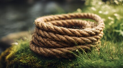 Fototapeta premium Coiled rope placed on grass.