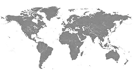 Fototapeta premium Detailed world map composed of tiny black and white squares creates a digital and global connectivity visualization for international data.