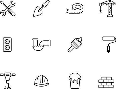 Construction outline vector icon set representing tools, repair, building and maintenance. Perfect for industry, renovation and engineering projects.
